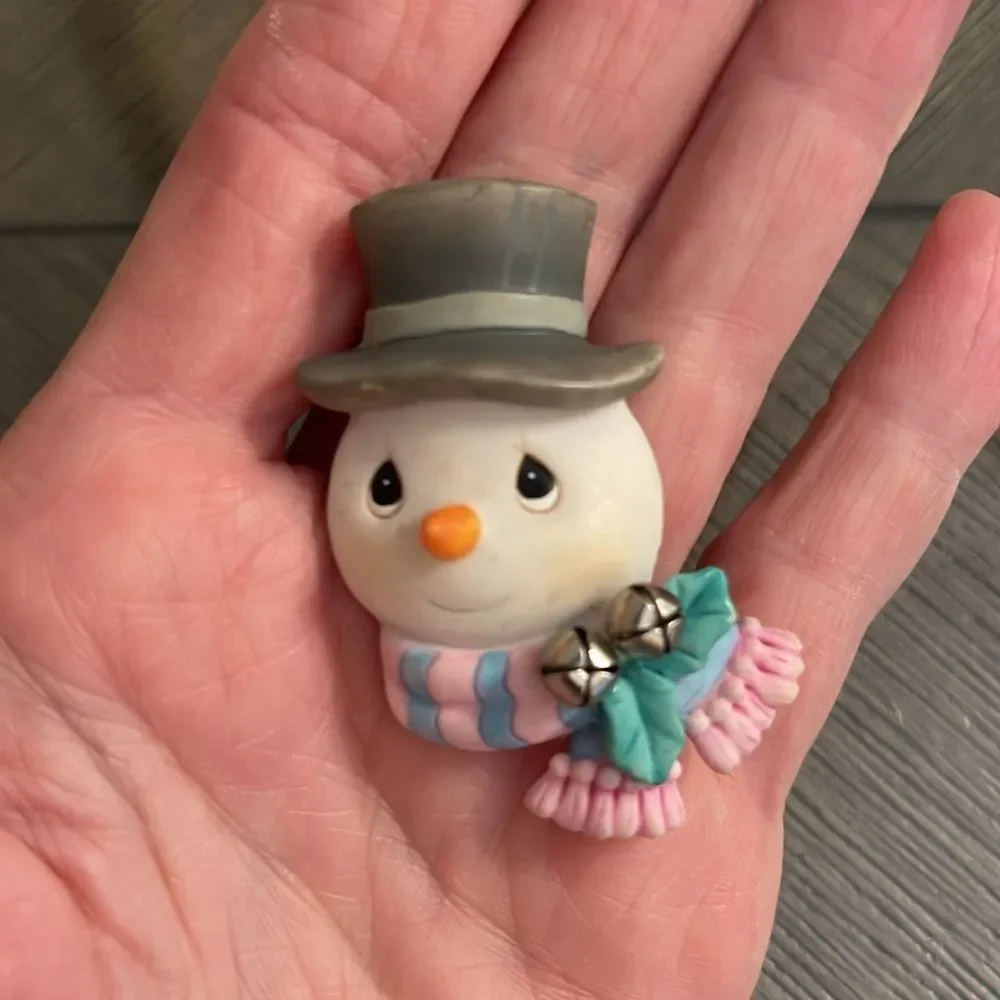 Vintage Precious Moments Snowman Figurine with Pink and Blue Scarf Holiday Pin